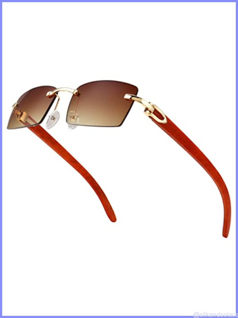 Rimless Rectangle Sunglasses with Wood Temples and UV400 Protection